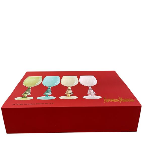 Neiman Marcus Multicolor Christmas Tree Wine Glass Set of 4 in Holiday Gift Box - Picture 8 of 9